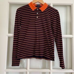 Ralph Lauren navy blue orange striped long sleeve 100% cotton polo shirt medium